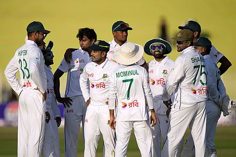 Pakistan vs Bangladesh 1st Test Day 1: Bangladesh's Hasan Mahmud, third left, celebrates Pakistan's Saim Ayub's wicket